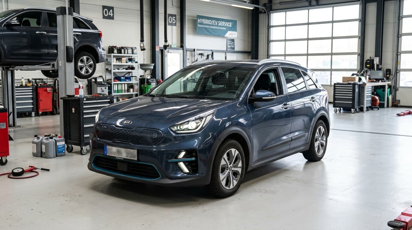 Ein Kia e-Niro der ersten Generation steht zur Inspektion in einer Autowerkstatt.