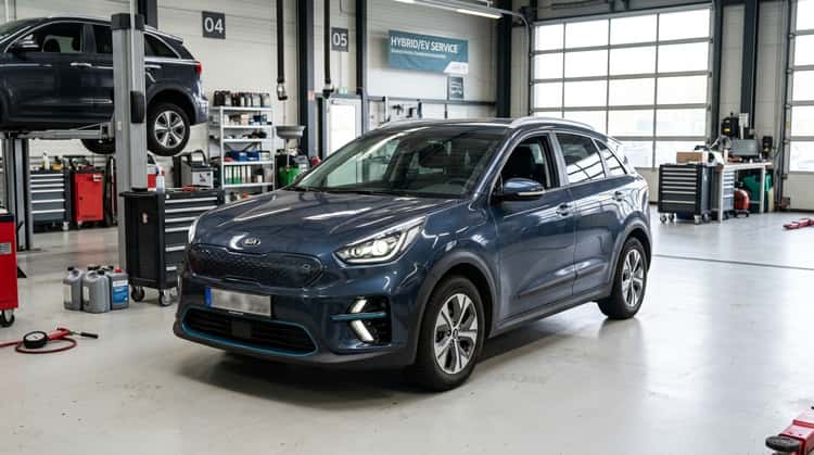 Ein Kia e-Niro der ersten Generation steht zur Inspektion in einer Autowerkstatt.