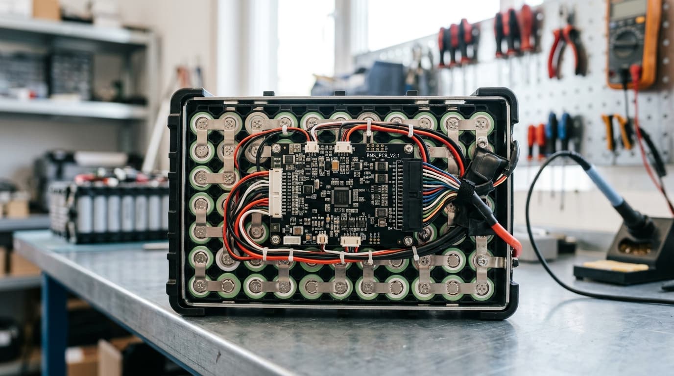 Detailaufnahme einer Hochvolt-Batteriebaugruppe in einer Werkstatt, die zeigt, worauf eine Rückrufprüfung abzielt.