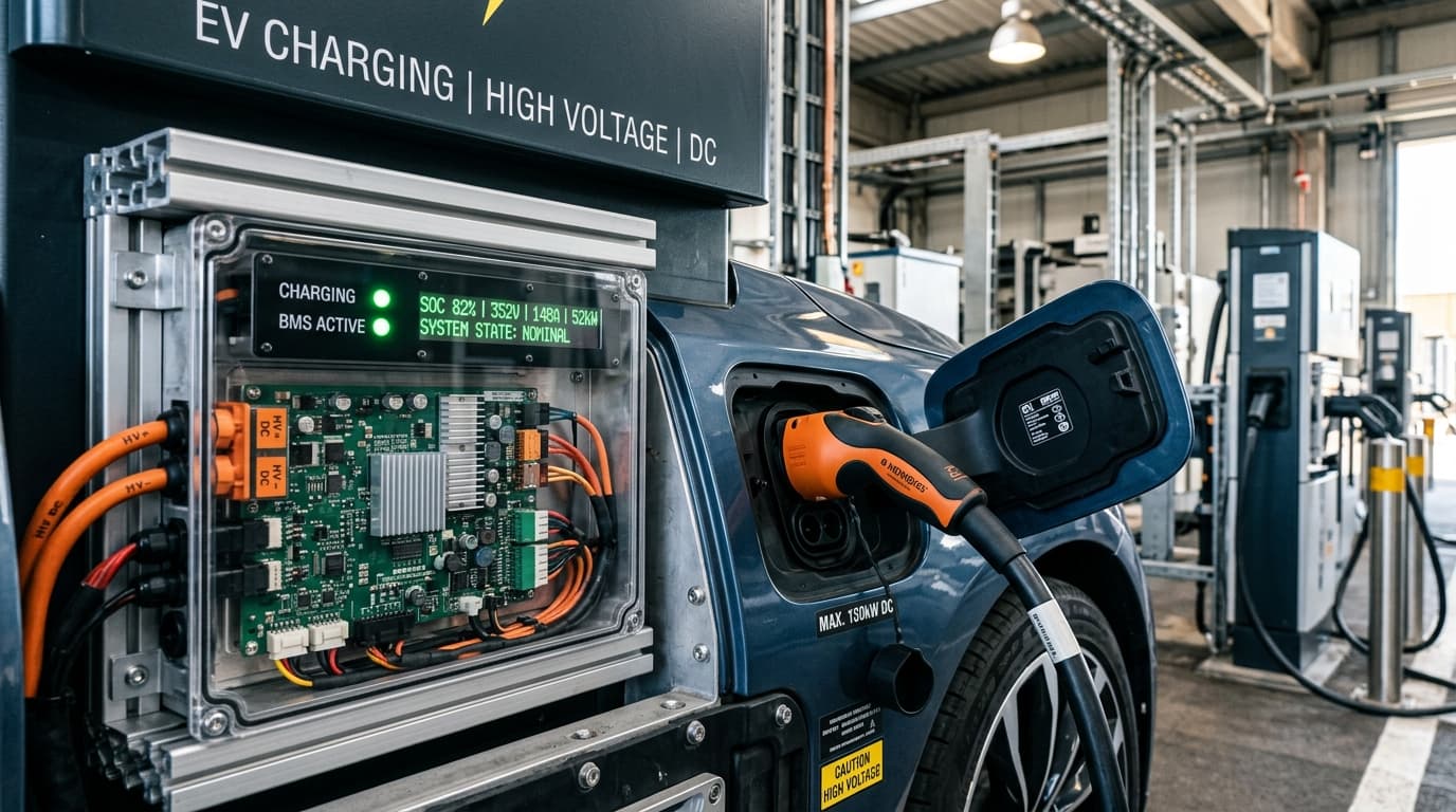 Nahaufnahme eines Elektrofahrzeug-Ladeanschlusses mit technischer Darstellung des Energiemanagements