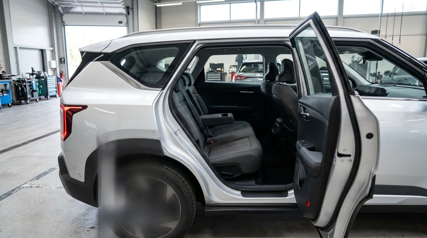 Kia EV5 mit geöffneter Fondtür, Blick auf die Rücksitzbank