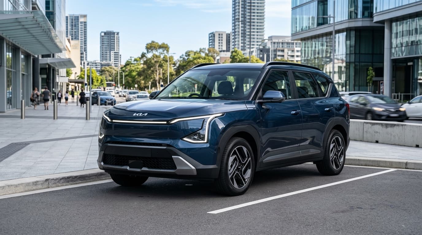 Kia EV5 in einer modernen urbanen Umgebung, fotografiert aus einer Dreiviertel-Frontansicht