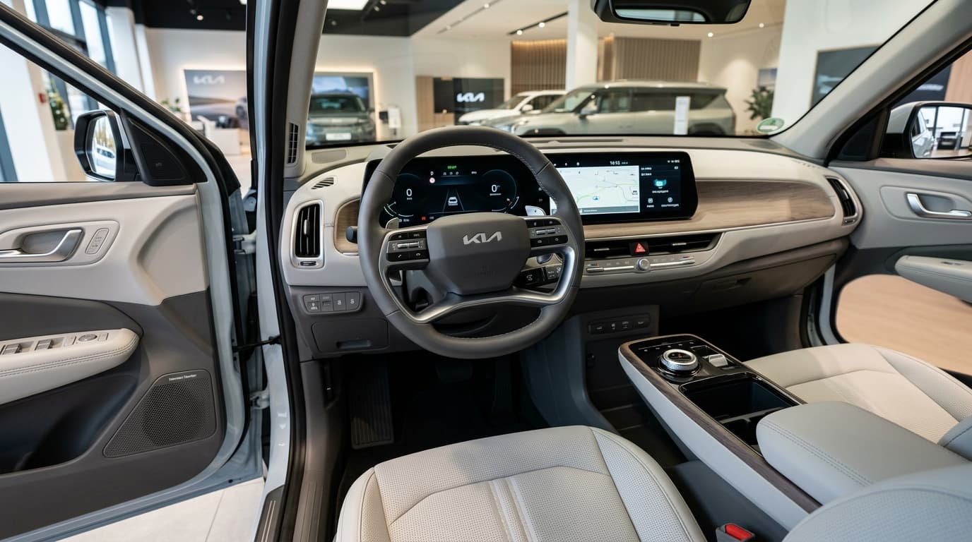 Blick ins Cockpit des Kia EV5 mit Fokus auf das Lenkrad und die Rekuperations-Paddle sowie das zentrale Infotainment-Display
