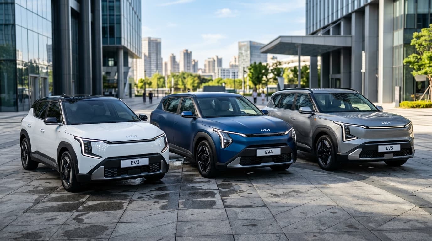 Drei Kia Elektroautos nebeneinander: EV3, EV4 und EV5