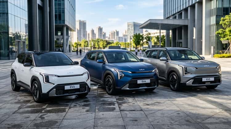 Drei Kia Elektroautos nebeneinander: EV3, EV4 und EV5