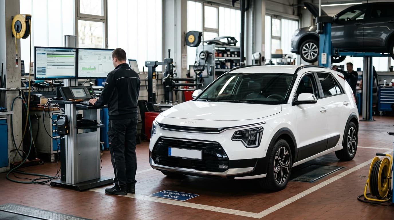 Kia Niro in einer Werkstatt während einer Softwareaktualisierung des Batteriemanagementsystems
