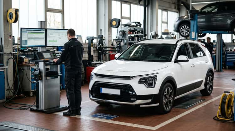 Kia Niro in einer Werkstatt während einer Softwareaktualisierung des Batteriemanagementsystems