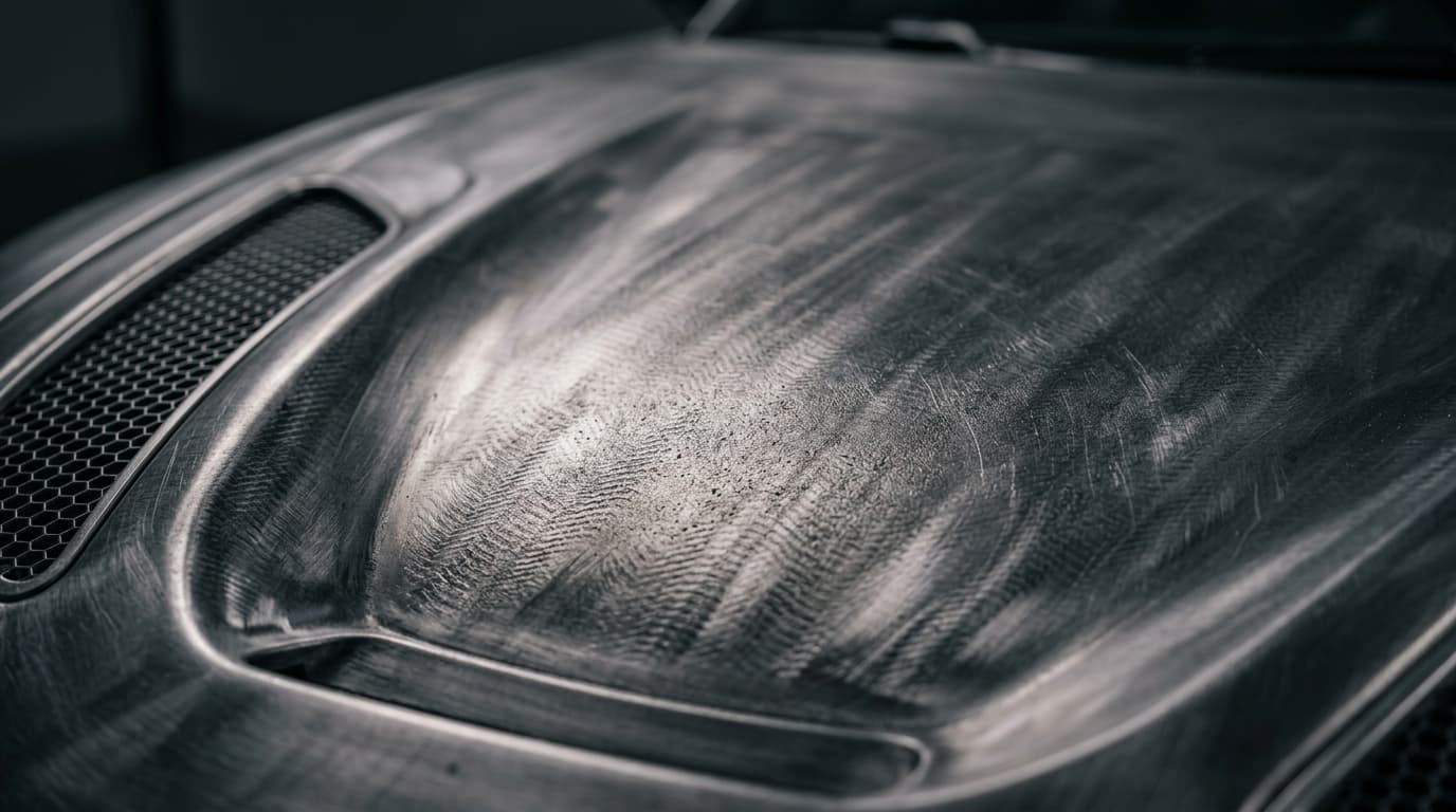 Detailaufnahme einer Fahrzeugmotorhaube, die die Materialstruktur zeigt