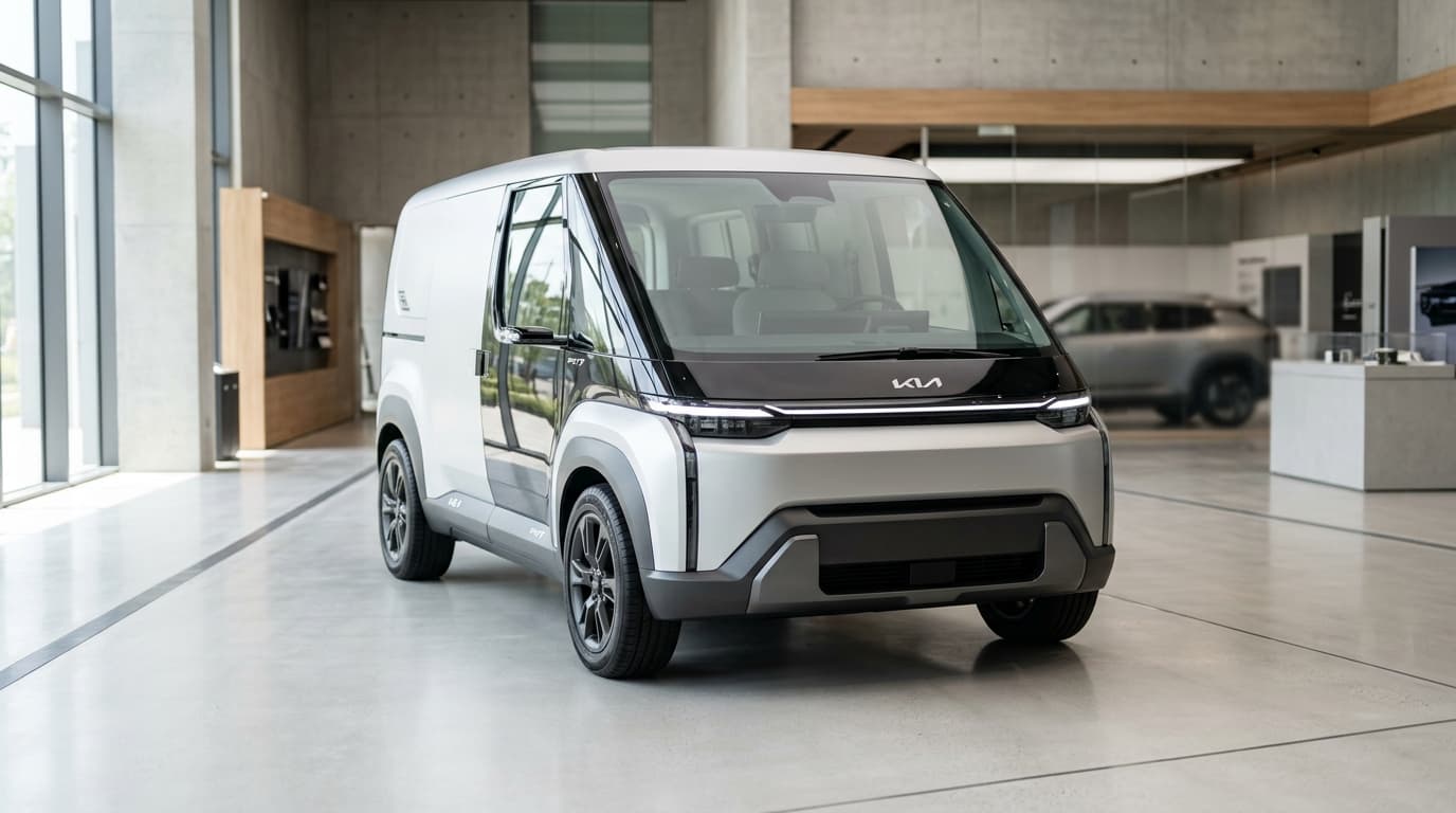 Der Kia PV7, ein moderner elektrischer Van mit großflächiger Verglasung, in Vorderansicht präsentiert