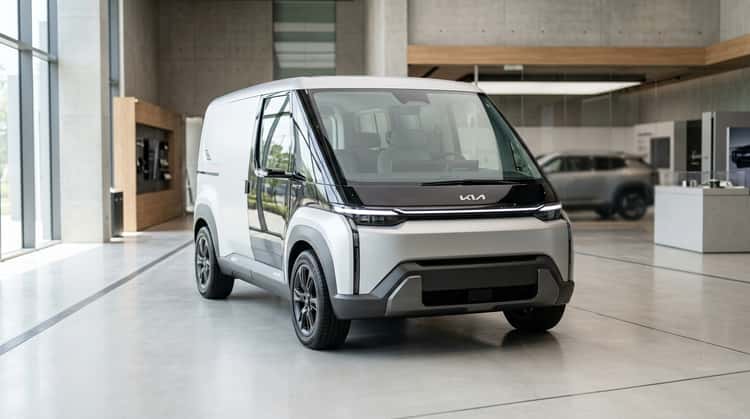 Der Kia PV7, ein moderner elektrischer Van mit großflächiger Verglasung, in Vorderansicht präsentiert
