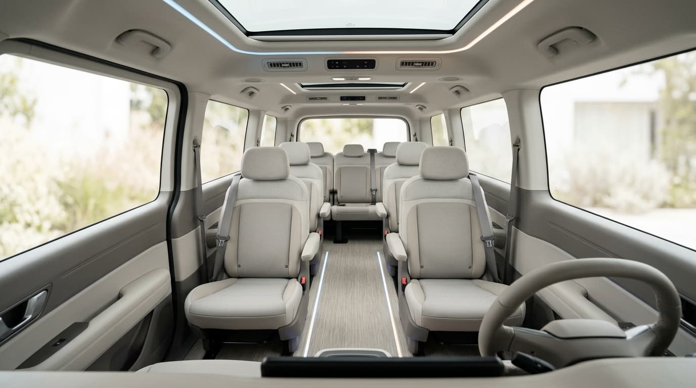 Der Innenraum der Kia PV7 Personenversion zeigt mehrere Sitzreihen mit moderner heller Polsterung und großzügigem Platzangebot für bis zu neun Personen.