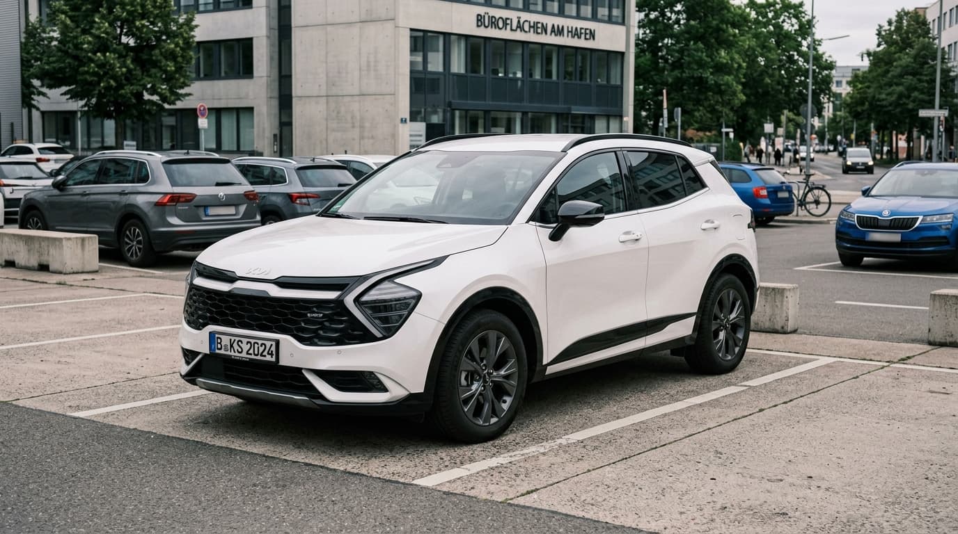 Ein Kia Sportage der aktuellen Generation NQ5 von schräg vorne fotografiert, geparkt in einer städtischen Umgebung