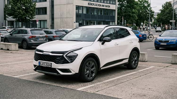 Ein Kia Sportage der aktuellen Generation NQ5 von schräg vorne fotografiert, geparkt in einer städtischen Umgebung