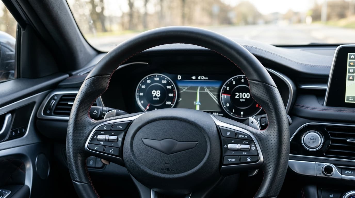Nahaufnahme eines Lenkreads mit modernem Armaturenbrett und digitalem Display in einem aktuellen Fahrzeuginnenraum