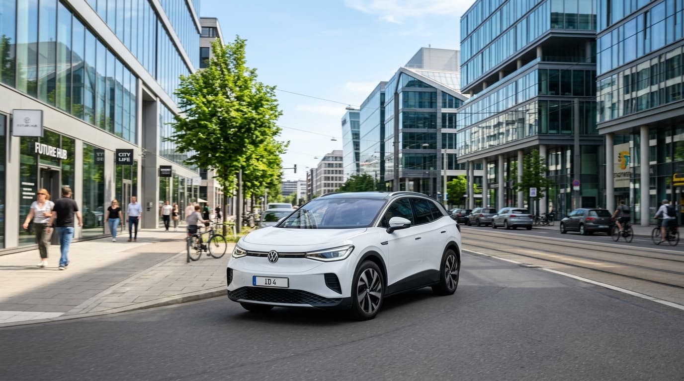 VW ID.4 in Dreiviertelansicht von vorne-links in einer modernen urbanen Umgebung bei Tageslicht