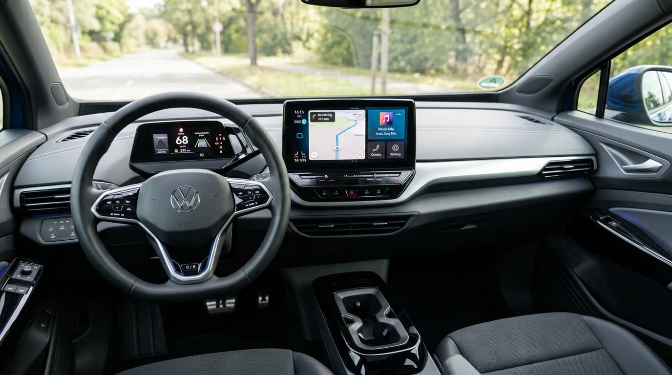 Interieur des VW ID.4 mit modernem Infotainment-Display und Lenkrad