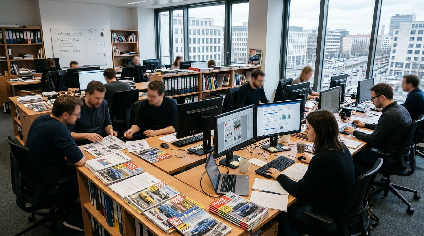 Redaktion einer Automobilzeitschrift mit mehreren Mitarbeitern an Schreibtischen.