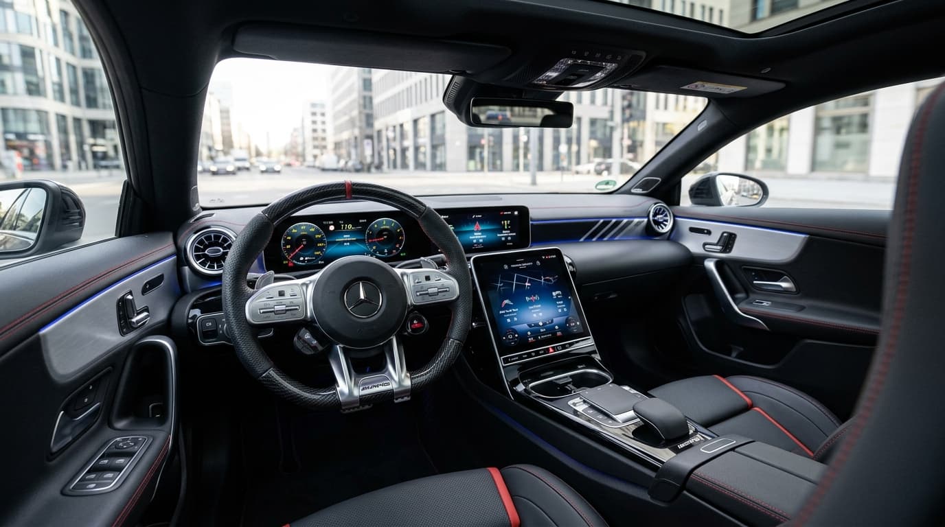 Cockpit des Mercedes-AMG CLA 45 4MATIC+ mit modernem digitalen Instrumentendisplay und sportlichem Lenkrad