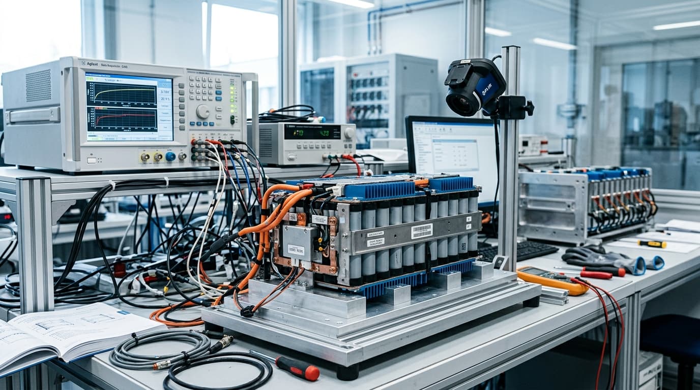 Eine Batteriezelle in einer technischen Prüfeinrichtung mit Messinstrumenten und Kabelverbindungen