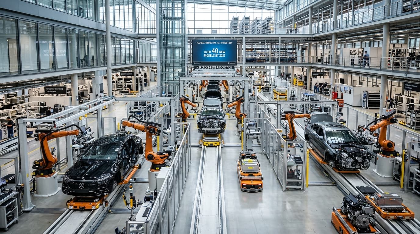 Mercedes-Benz Fabrik mit Montagelinien für verschiedene Antriebsarten: Verbrenner, Hybrid und Elektrofahrzeuge
