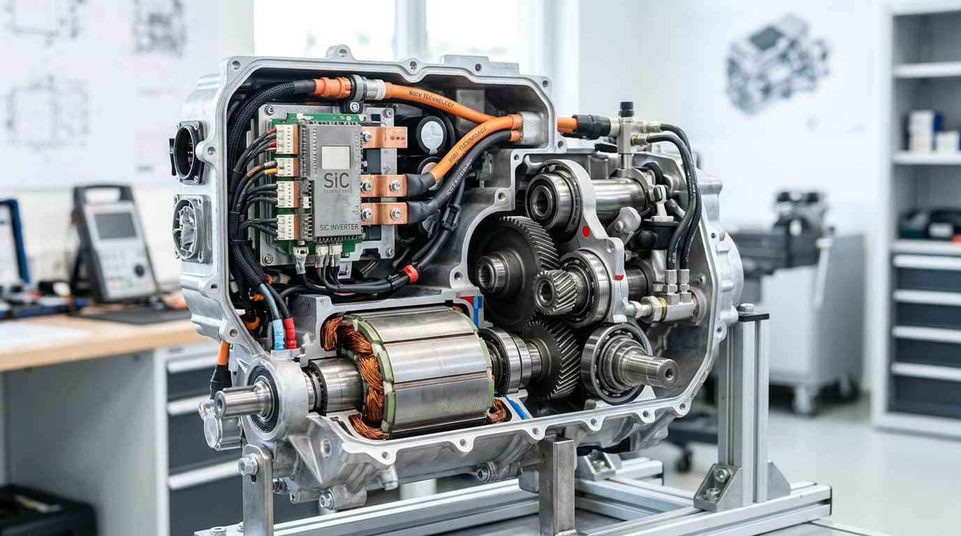 Detailaufnahme einer modernen Elektroantriebseinheit EDU 2.0 mit Zweiganggetriebe und Siliziumkarbid-Wechselrichter