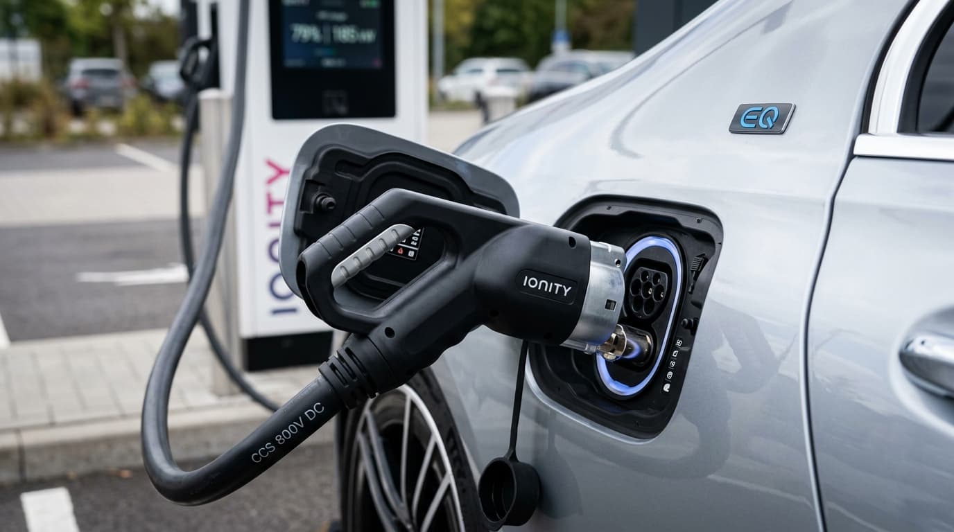 Detailaufnahme des Schnelllade-Anschlusses der Mercedes-Benz C-Klasse EQ, die das 800-Volt-Bordnetz und die 330-kW-Schnellladekapazität symbolisiert.