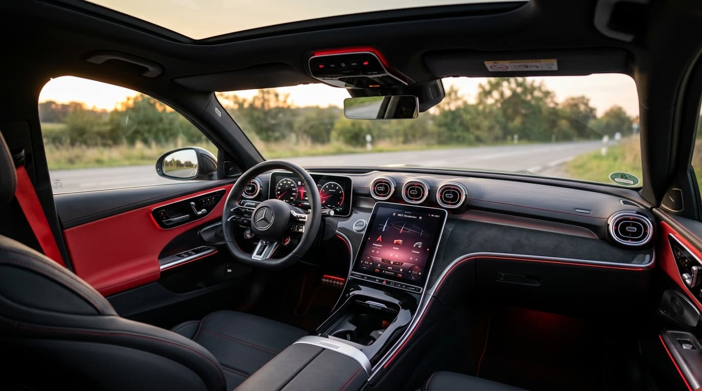Das neue Cockpit der Mercedes-Benz C-Klasse 2026 zeigt das digitale Kombiinstrument und den großen hochformatigen Touchscreen mit MBUX vierter Generation