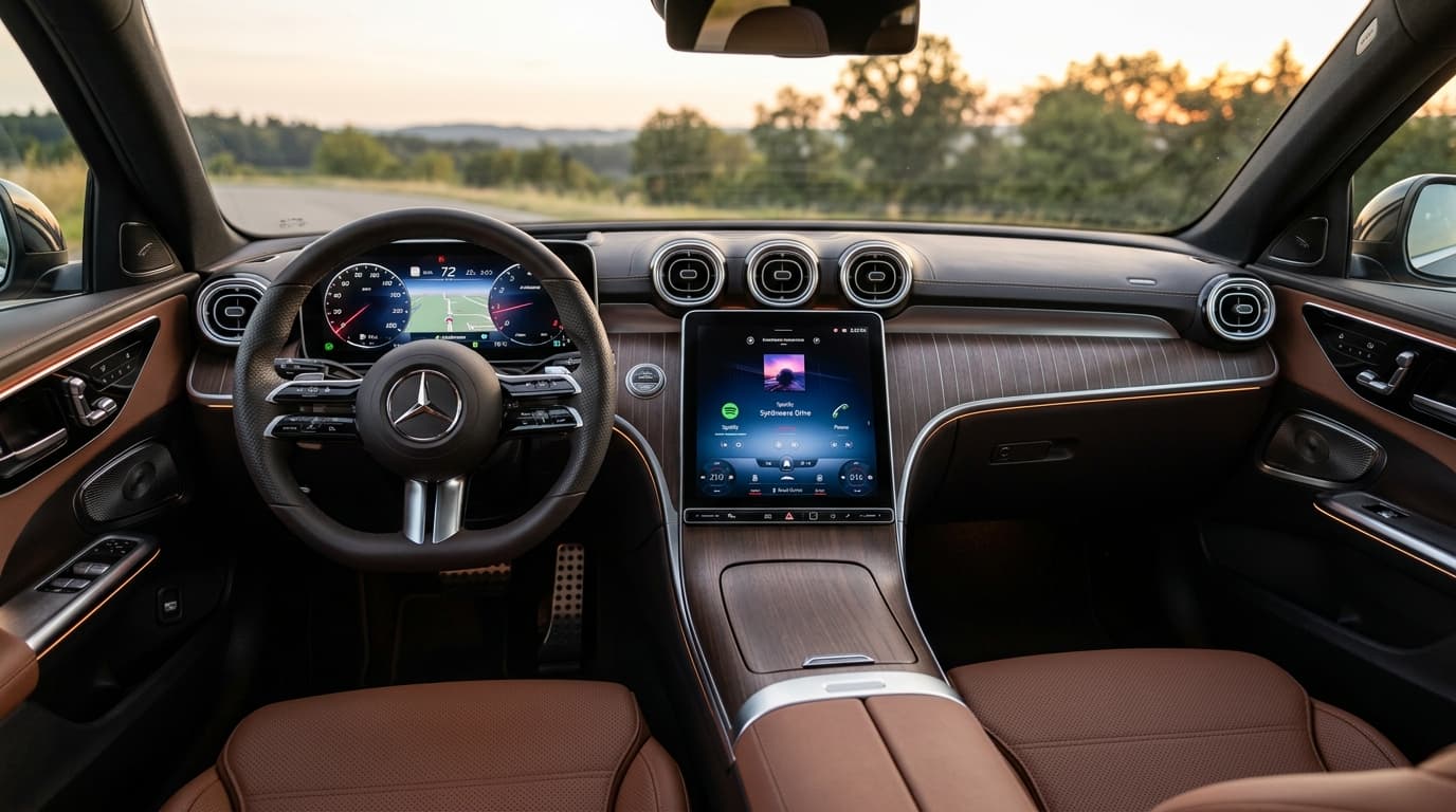 Innenraum einer Mercedes-Benz C-Klasse mit großen digitalen Displays des Facelift 2026 und neuer MBUX-Generation