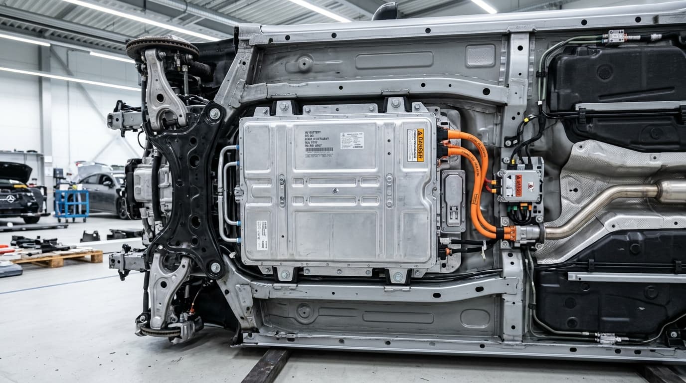 Intakte Hochvoltbatterie unter dem Mercedes-Benz CLA nach Crashtest