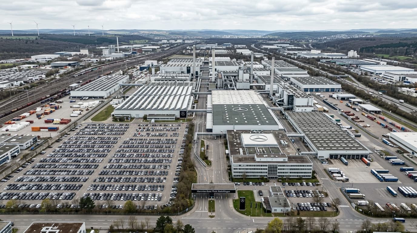 Luftaufnahme eines Mercedes-Benz Werksgeländes mit Produktionshallen, Lagerflächen und Parkplätzen