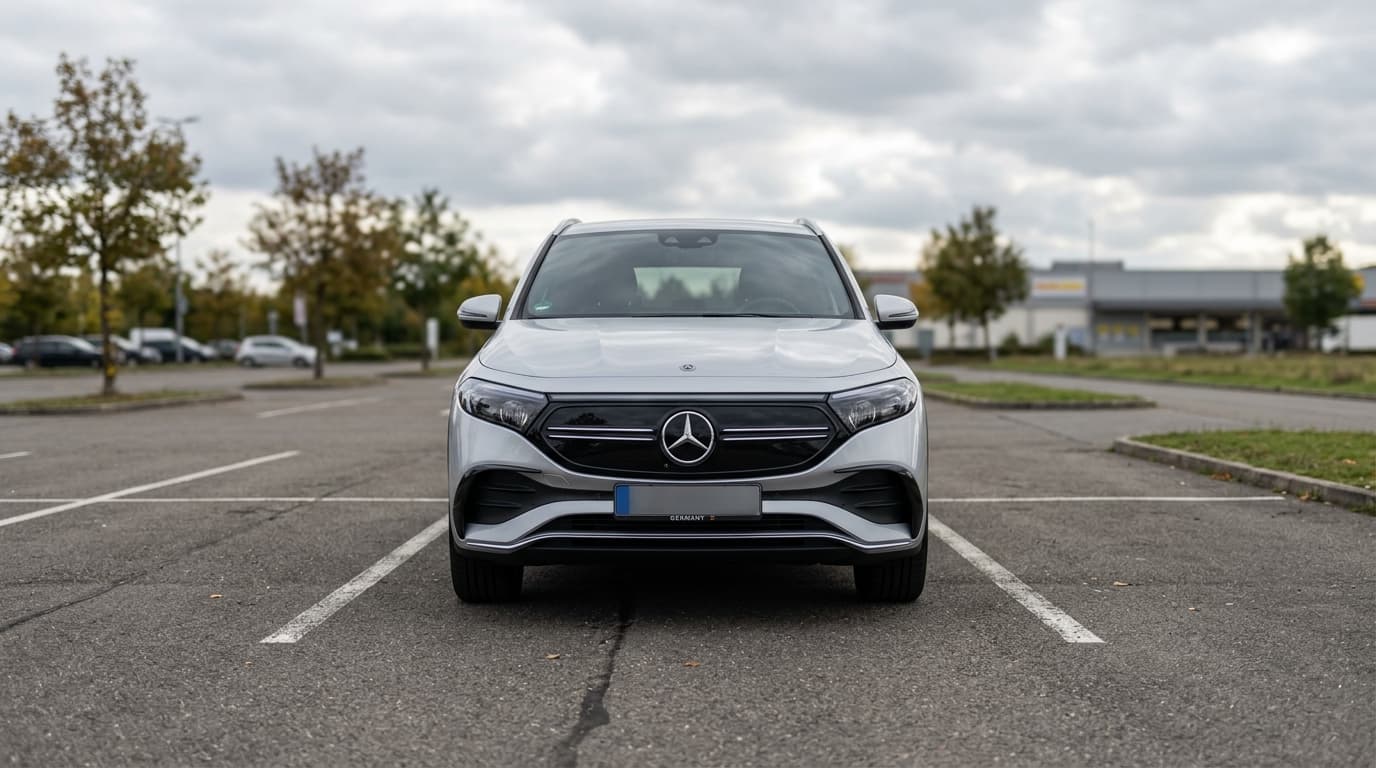 Ein Mercedes EQA steht unter freiem Himmel auf einem Parkplatz. Das kleine Elektrofahrzeug ist vollständig unbedeckt, der Himmel ist bewölkt.