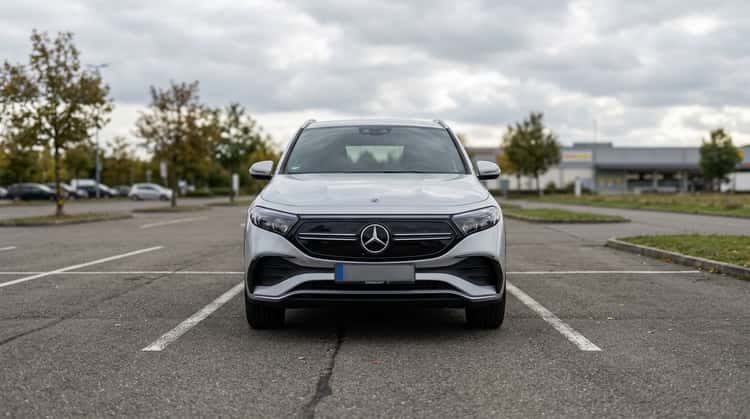 Ein Mercedes EQA steht unter freiem Himmel auf einem Parkplatz. Das kleine Elektrofahrzeug ist vollständig unbedeckt, der Himmel ist bewölkt.