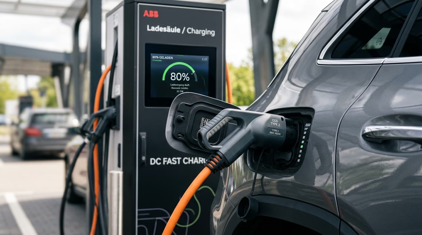 Nahaufnahme des Ladeanschlusses eines Mercedes EQA mit sichtbarem Ladestand bei etwa 80 Prozent Akkuladung.