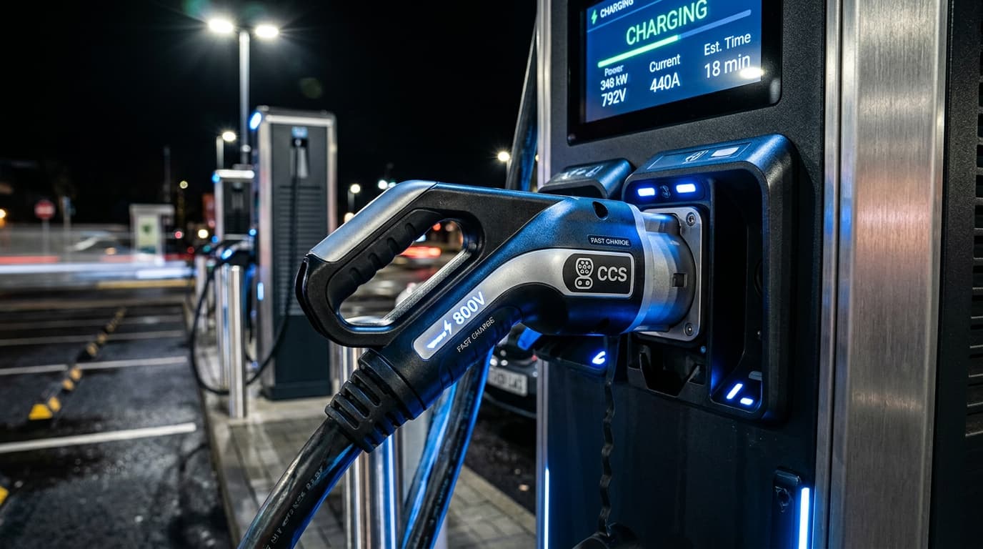 Nahaufnahme eines DC-Schnelllade-Steckers an einer Ladestation, symbolisiert die 800-Volt-Ladetechnik des neuen GLA