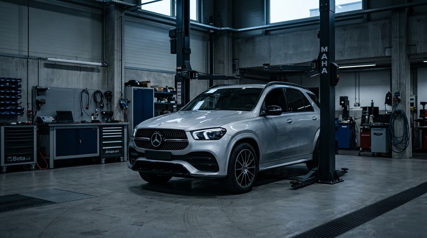 Ein Mercedes-Benz GLE in einer Autowerkstatt