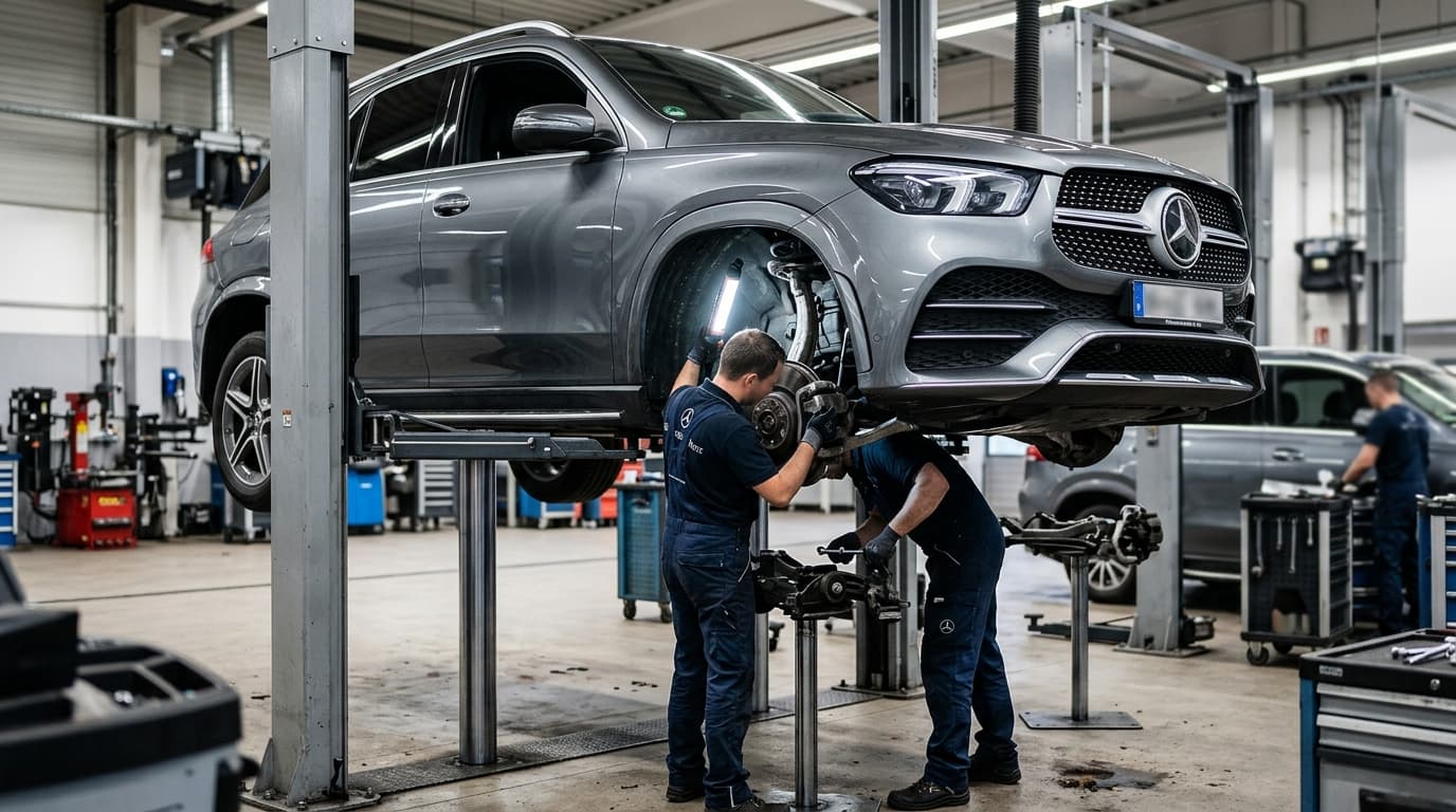 Ein Mercedes-Benz GLE in einer Werkstatt auf einer Hebebühne, ein Techniker arbeitet am Unterboden des Fahrzeugs