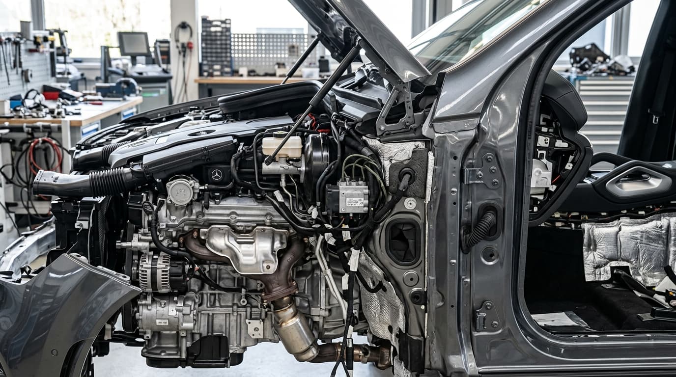 Nahaufnahme des Motorraum-Bereichs eines Mercedes-Benz GLE, wo das fehlerhafte Abschirmblech an der Kraftstoffleitung scheuern kann