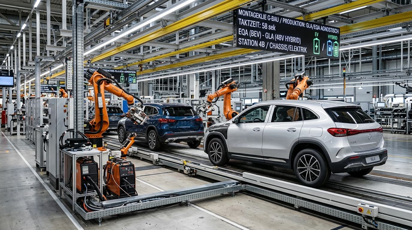 Moderne Automobilfabrik mit Fertigungslinie: Ein Mercedes-Benz GLA mit Elektroantrieb und ein 48V-Hybrid-Modell durchlaufen gemeinsam das Band an Roboterarmen vorbei.