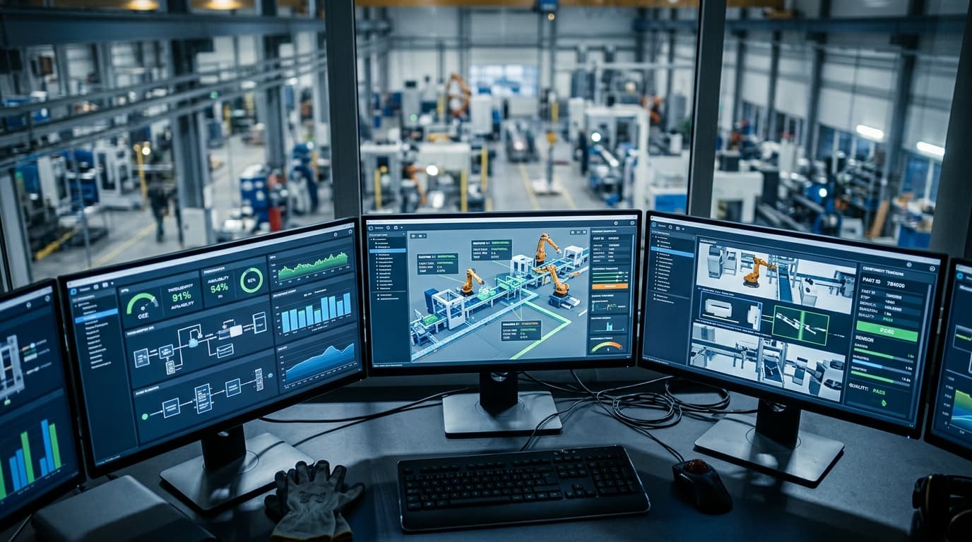 Computermonitore zeigen einen digitalen Zwilling einer Produktionslinie mit technischen Daten und 3D-Visualisierung der Fertigungsabläufe.