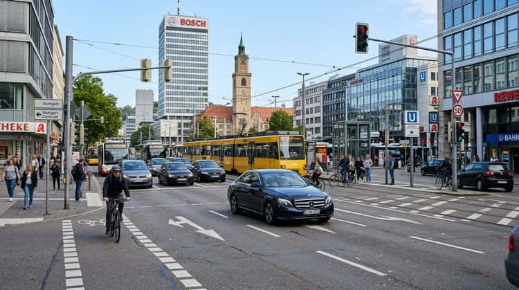Mercedes-Benz Fahrzeug im Stadtverkehr an einer Kreuzung mit Ampel, Radfahrern und Fußgängern in Stuttgart oder München.