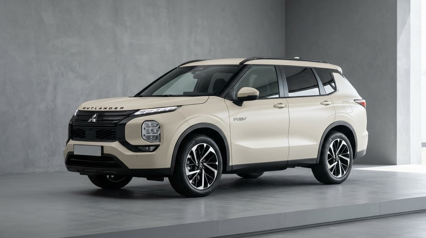 Mitsubishi Outlander PHEV in hellelfenbein-Folierung, Dreiviertelseitige Ansicht