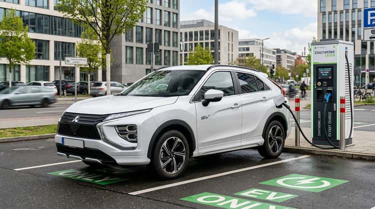 Mitsubishi Eclipse Cross BEV an einer Schnellladestation, Dreiviertelansicht von vorne