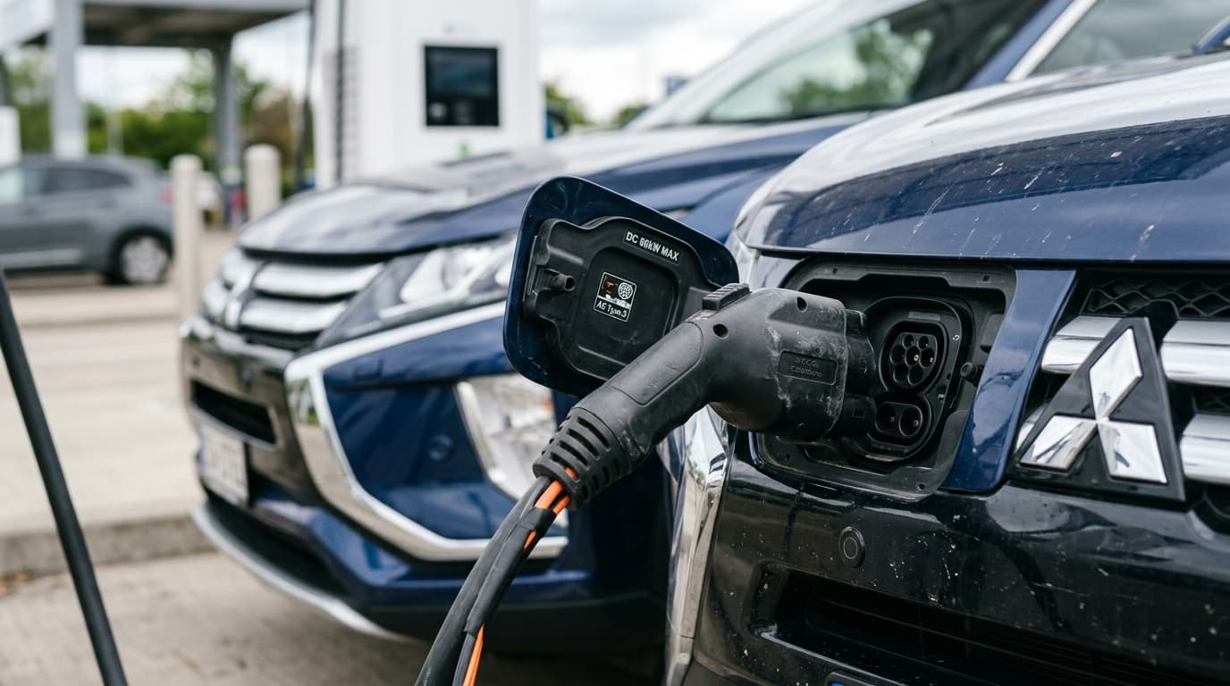Detail des Ladesteckers beim Laden eines Elektro-SUV