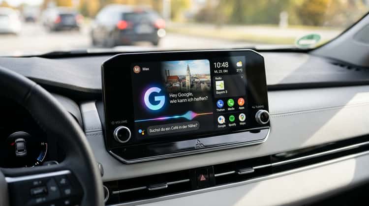 Nahaufnahme eines Infotainmentsystem-Displays mit Google Gemini im Fahrzeuginneren