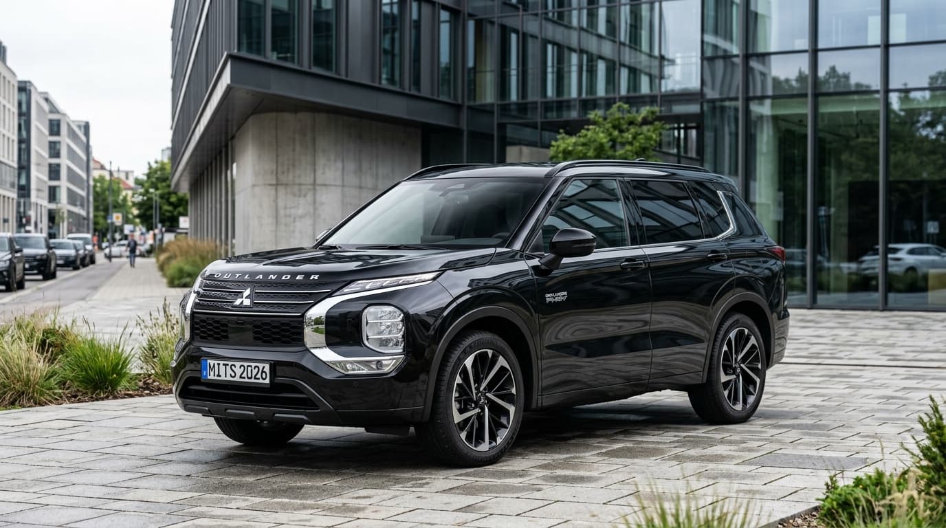 Der neue Mitsubishi Outlander PHEV 2026 in Schwarzmetallic, Dreiviertelansicht von vorne, mit moderner LED-Frontbeleuchtung und eleganter Karosserie