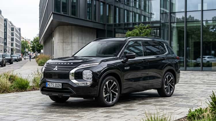 Der neue Mitsubishi Outlander PHEV 2026 in Schwarzmetallic, Dreiviertelansicht von vorne, mit moderner LED-Frontbeleuchtung und eleganter Karosserie