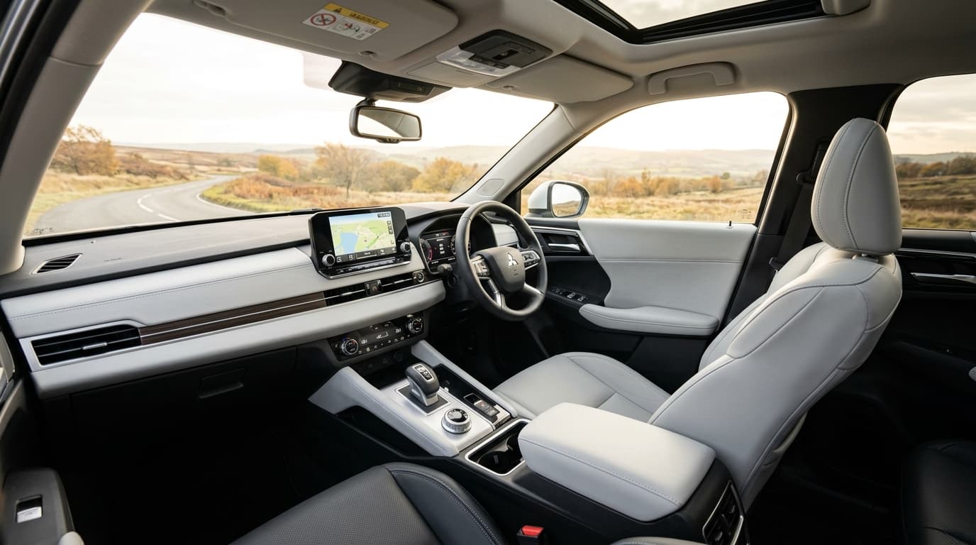 Blick in den geräumigen Innenraum des Mitsubishi Outlander PHEV mit modernem Dashboard, großem Bildschirm und komfortabler Ausstattung
