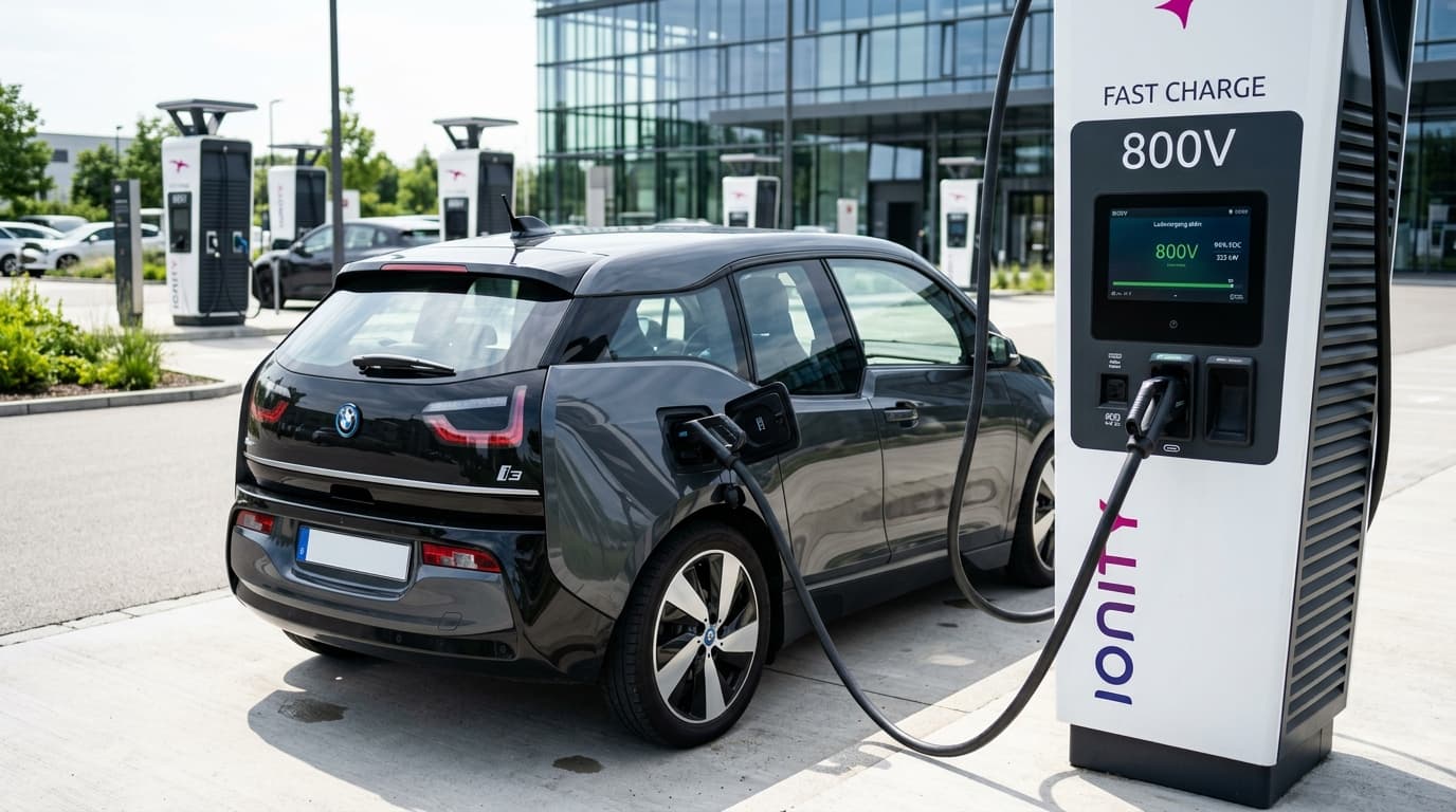 Der neue BMW i3 (NA0) beim Laden an einer modernen DC-Schnellladesäule, demonstrierend die 800-Volt-Ladetechnik und bis zu 400 kW Ladeleistung