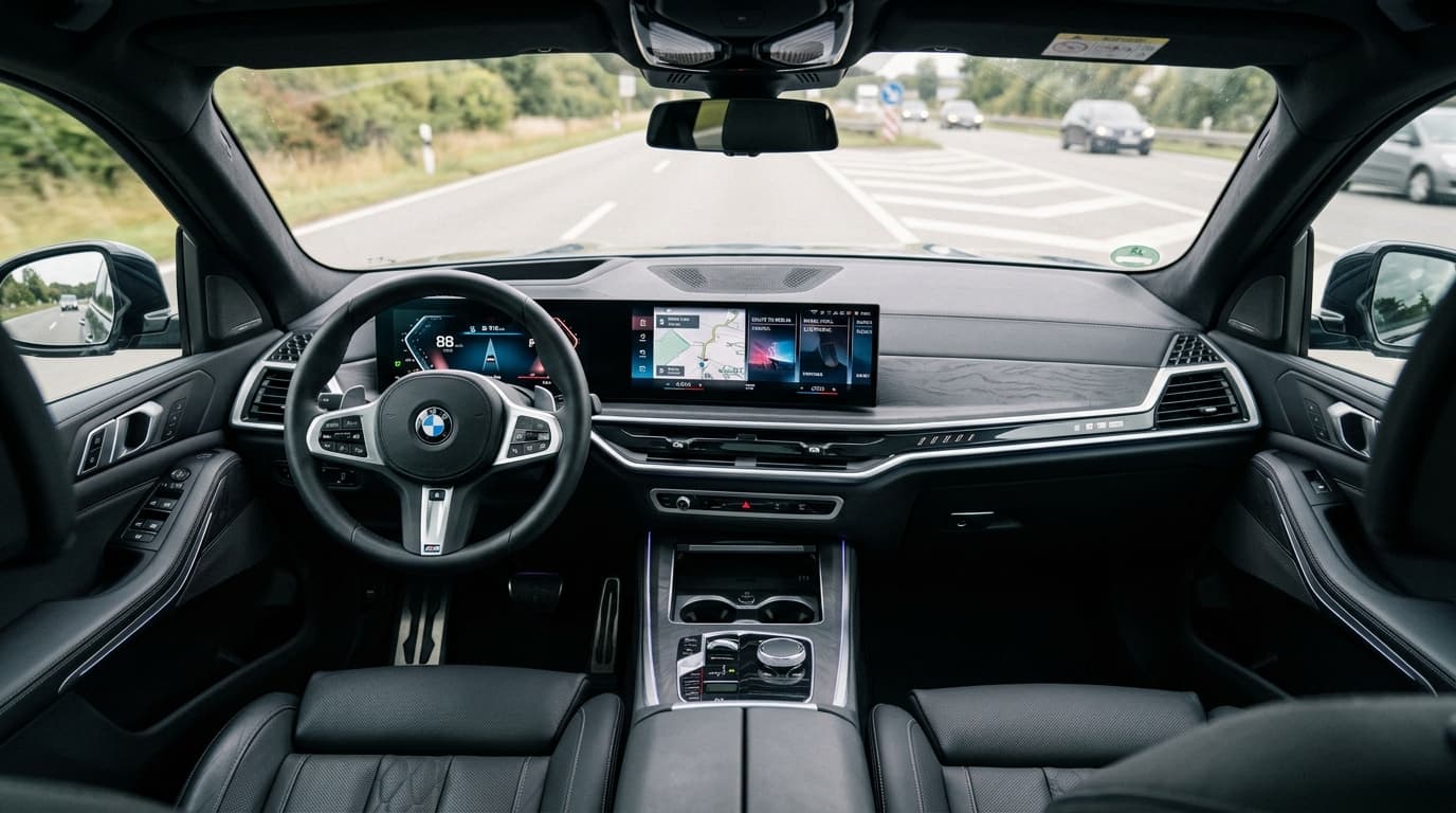 Cockpit-Ansicht eines BMW X5 (5. Generation, 2026) mit dem neuen Panoramic iDrive und BMW Operating System X. Das innovative Display erstreckt sich über die gesamte Breite der Windschutzscheibe.