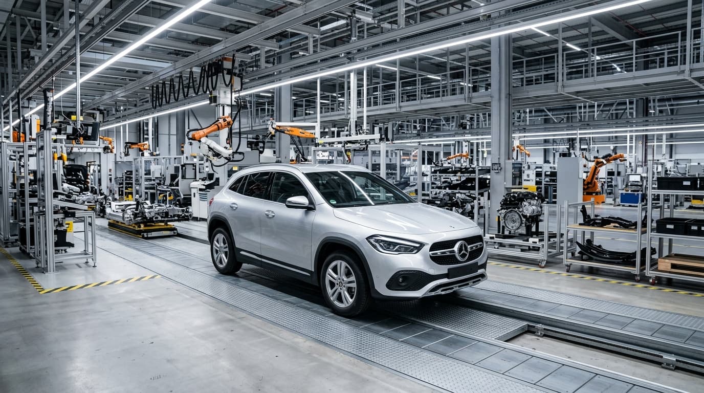 Ein Mercedes-Benz GLA steht auf einer modernen Produktionslinie im Werk Rastatt. Das kompakte SUV ist von links vorne zu sehen, im Hintergrund Fertigungsausrüstung und Werkhalle.